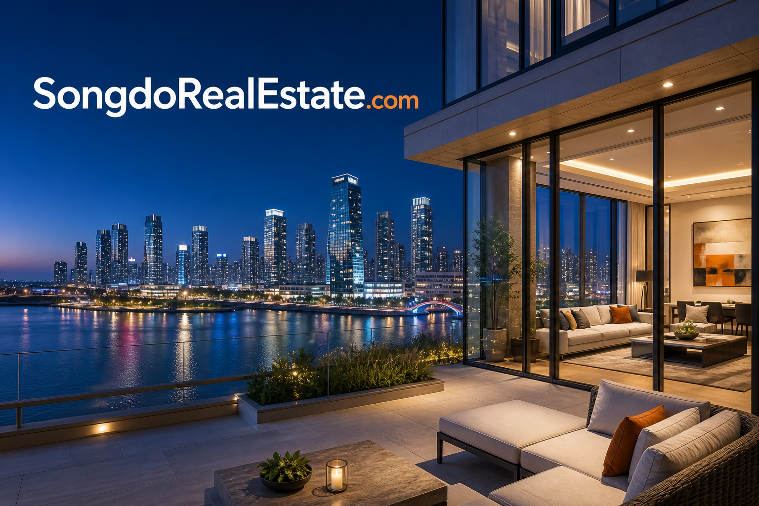 Concept view from a luxury Songdo residence overlooking the illuminated waterfront skyline